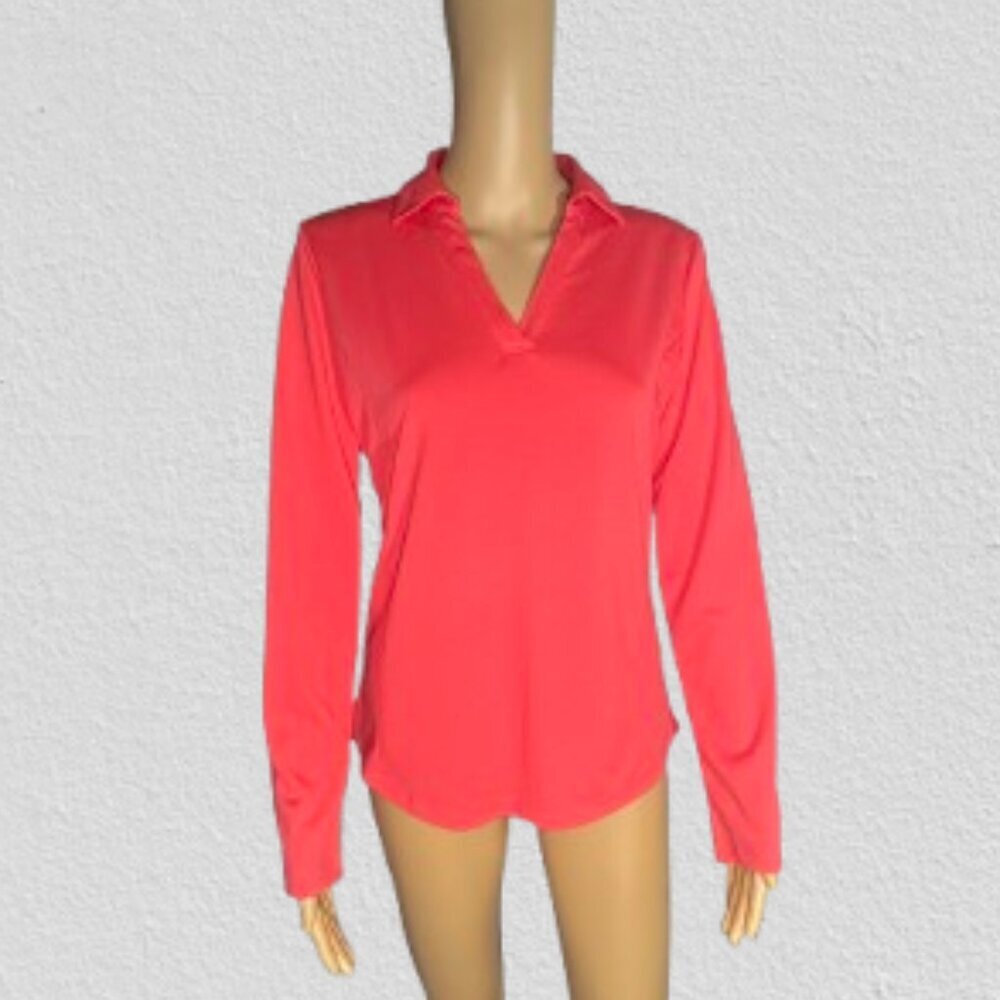 Lady Hagen Coral Button-Down V-Neck Long-Sleeve Shirt Size Small